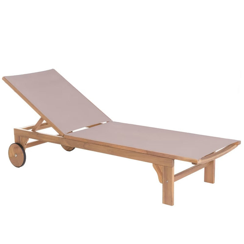 Garden Lounger in Solid Acacia and Taupe Beige Textile