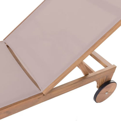 Garden Lounger in Solid Acacia and Taupe Beige Textile
