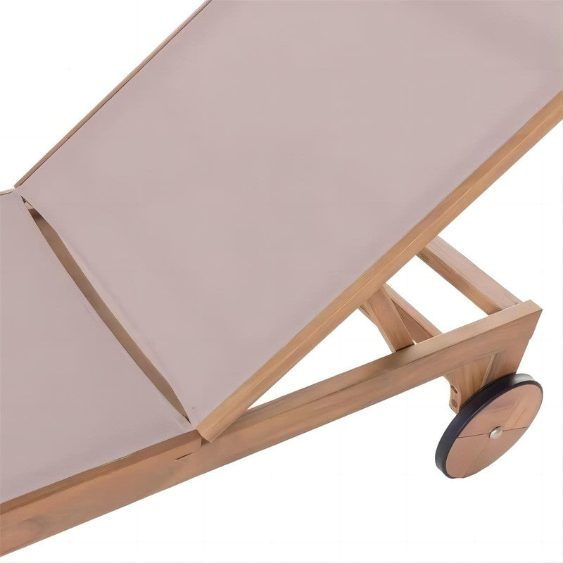 Garden Lounger in Solid Acacia and Taupe Beige Textile