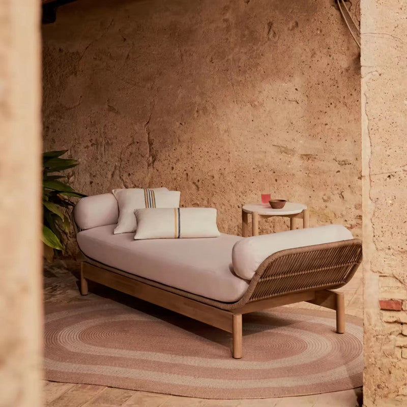 Outdoor Sun Lounger Teak with Rope and Cushion